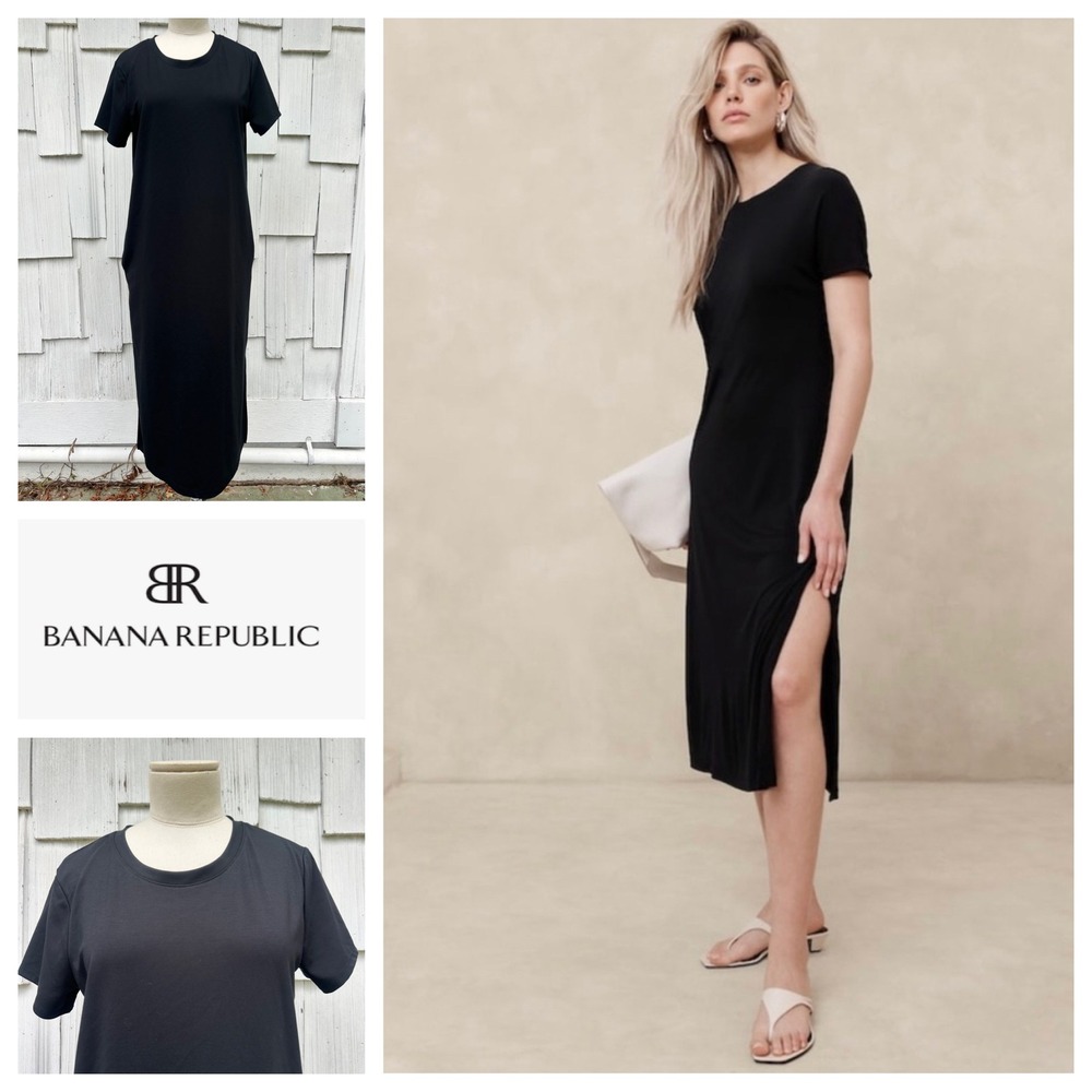 Banana Republic Crepe Knit Midi T-Shirt Dress Black Tall‎ Small 445969 NEW